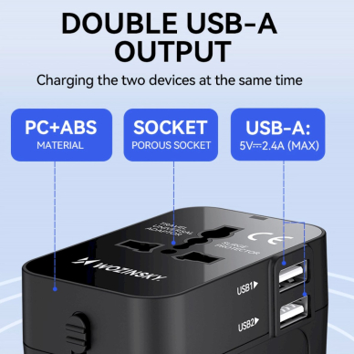 Wozinsky WUTWC travel adapter universal 24W EU / US / AUS / UK / 2x USB-A - Juodas 7