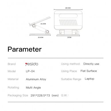 [Užsakomoji prekė] Yesido - Laptop Holder (LP04) - from Aluminium Alloy, Folding Design - Sidabrinis 10