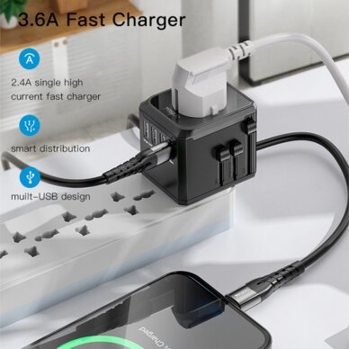 [Užsakomoji prekė] Yesido - Wall Charger (MC10) - 3x USB, Type-C, for Travel, EU, UK, US, AUS, 3.6A - Black 4