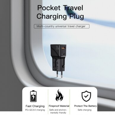 [Užsakomoji prekė] Yesido - Wall Charger (MC17) - USB, Type-C, PD20W, for Travel, EU, UK, US, AUS - Juodas 2