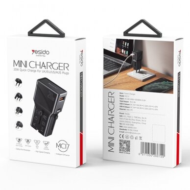 [Užsakomoji prekė] Yesido - Wall Charger (MC17) - USB, Type-C, PD20W, for Travel, EU, UK, US, AUS - Juodas 7