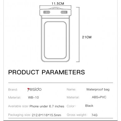 [Užsakomoji prekė] Yesido - Waterproof Case (WB10) - IPX8, for Phone max 6.7" - Juodas 9